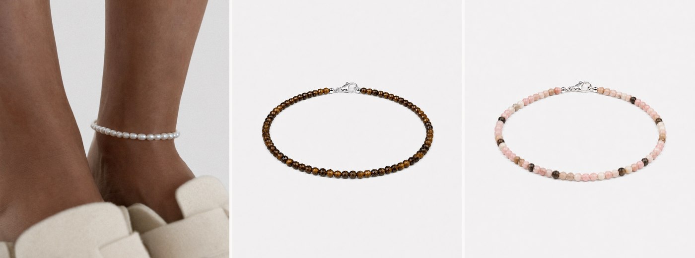 Три анклети SO jewelry: перли, тигрове око, родоніт