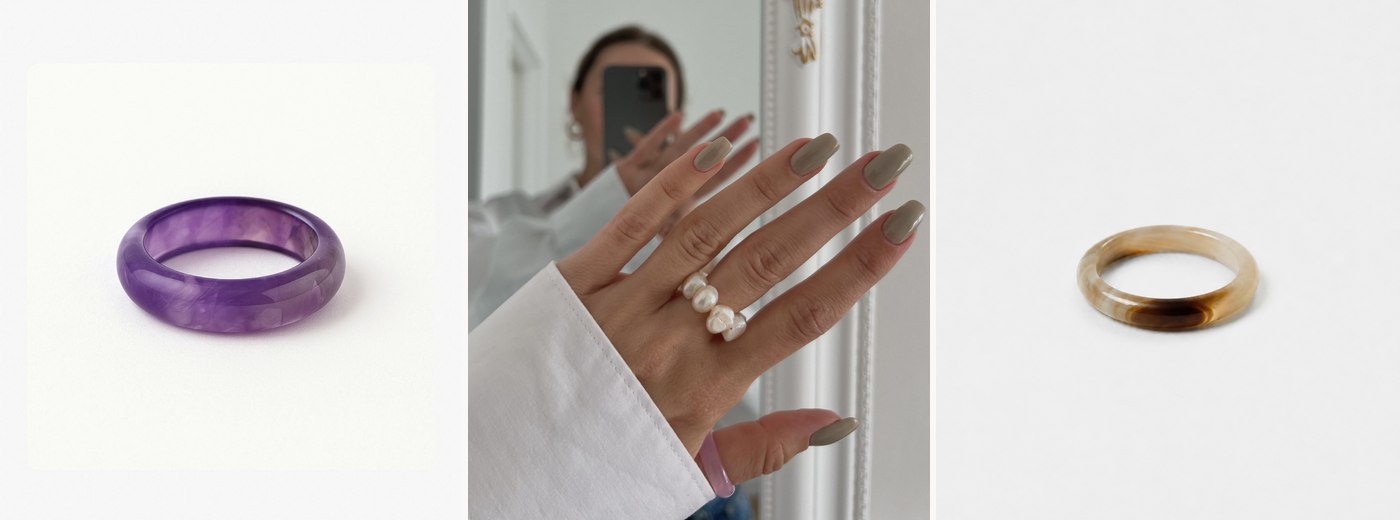 Три каблучки SO jewelry: аметист, перлина, агат