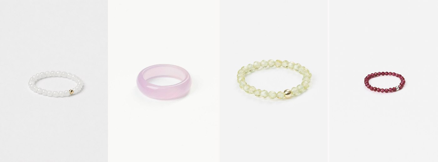 Тонкі каблучки SO jewelry з місячного каменю, рожевого кварцу, хризоліту й гранату